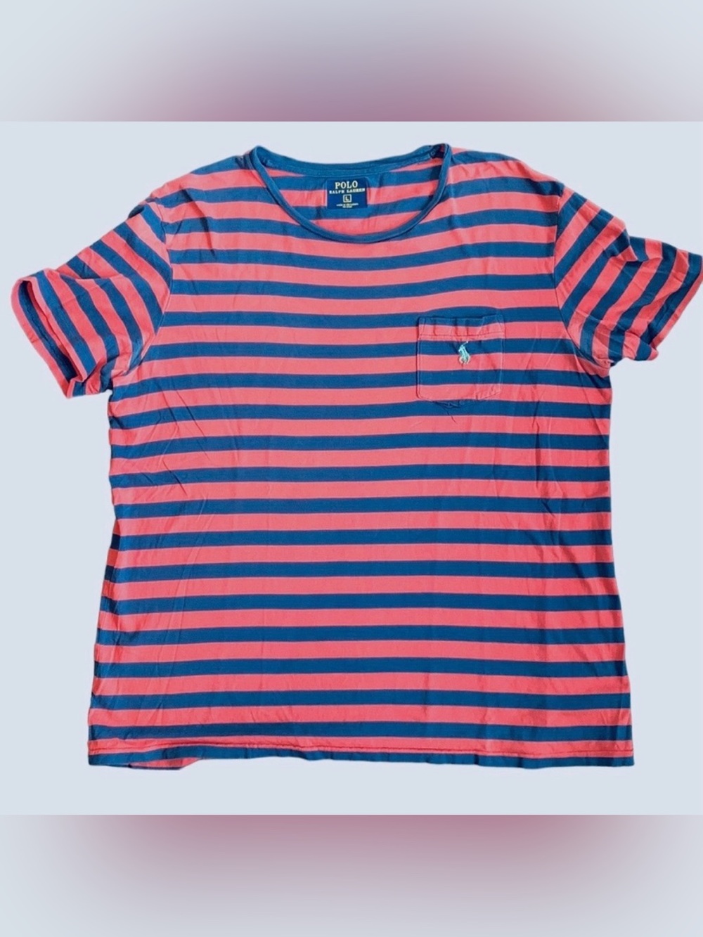 POLO RALPH LAUREN MEN TEE LOGO CREW NECK STRIPED POCKET BLUE ORANGE LARGE PREPPY